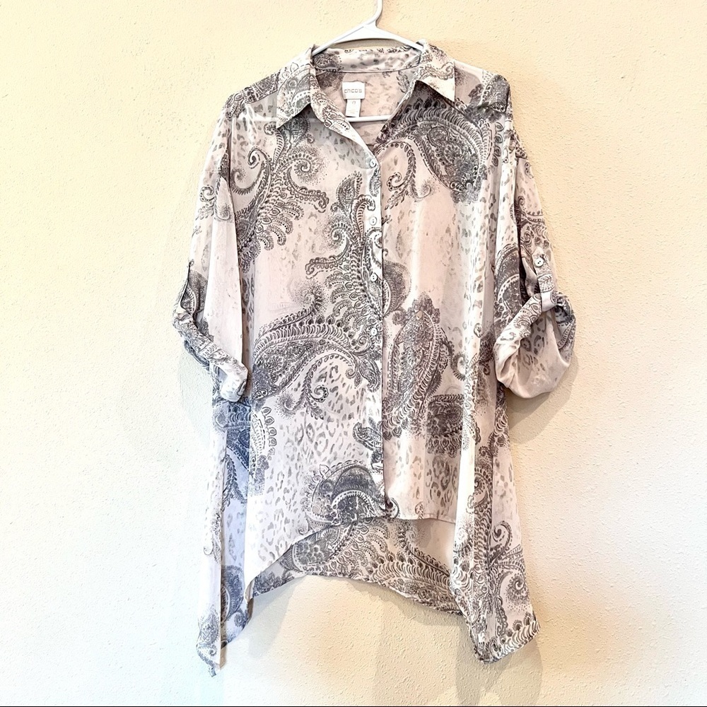 CHICO'S Lagenlook oversized Blouse Top Paisley 0 (4-6) Asymmetrical hem